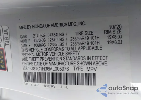 2021 Acura Rdx Standard z USA, uszkodzony, nr VIN 5J8TC1H36ML005976